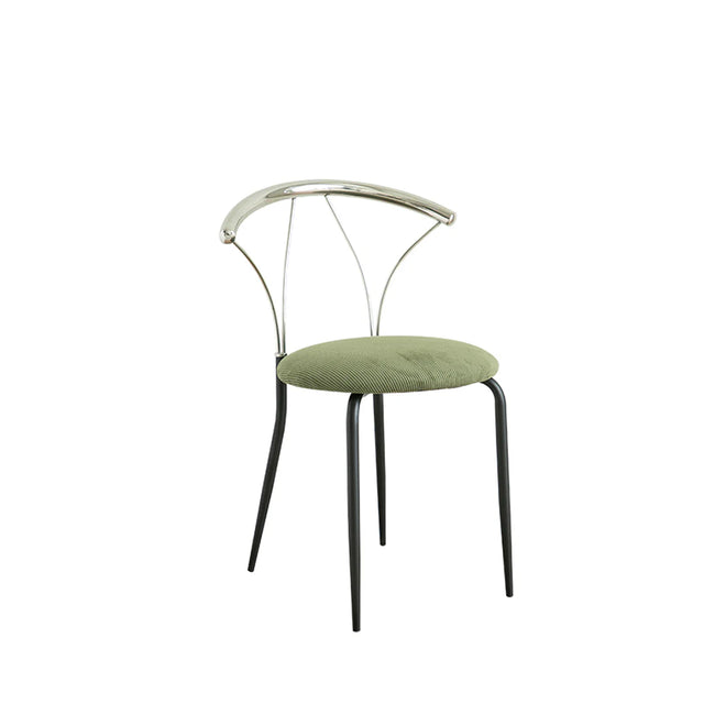 Chair with green cushioned seat and metal frame on a white background
