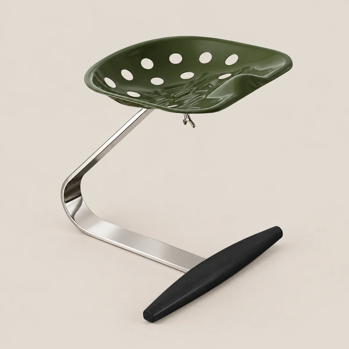A modern industrial stool featuring a dark olive green perforated seat, a curved polished silver metal base, and a black footrest, set against a solid light beige background.