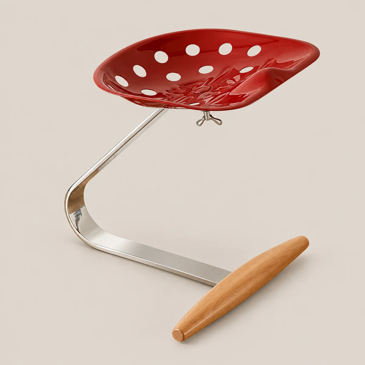A modern industrial-style stool with a glossy red seat featuring white polka dots, supported by a curved polished steel base and a light natural wood footrest, set against a solid beige background.
