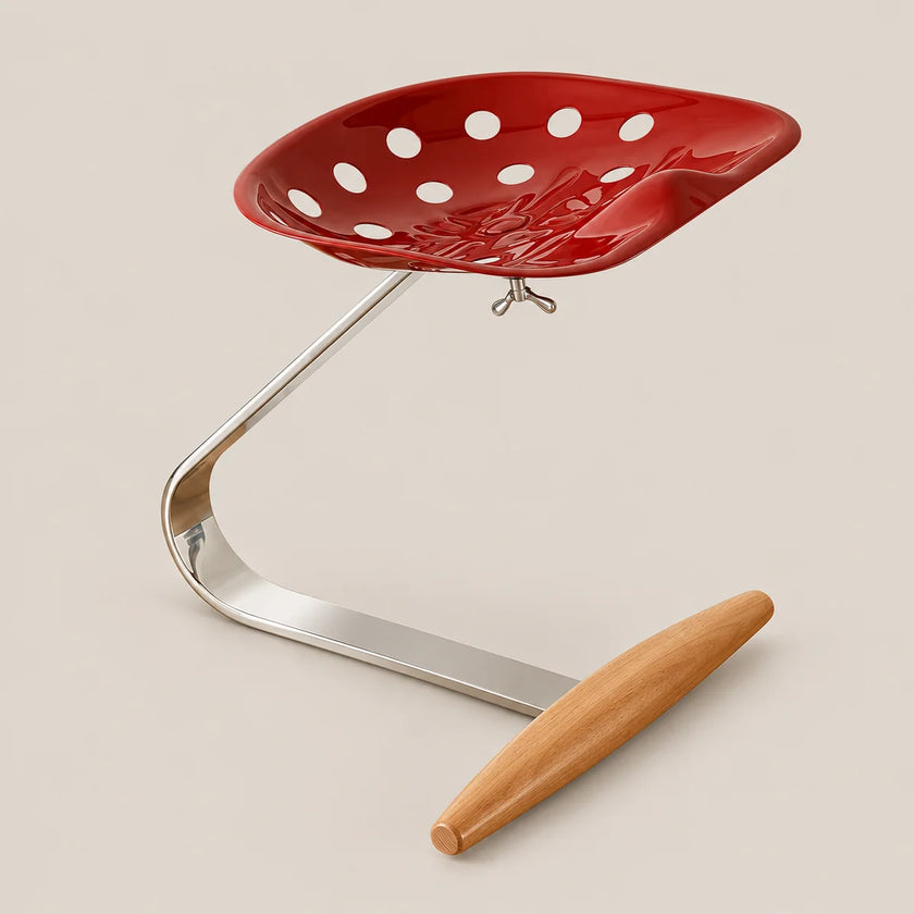 A modern industrial-style stool with a glossy red seat featuring white polka dots, supported by a curved polished steel base and a light natural wood footrest, set against a solid beige background.