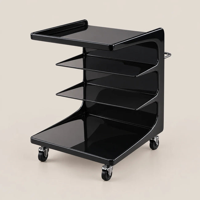 A glossy black three-tier medical or utility cart with caster wheels, shown on a solid light beige background.