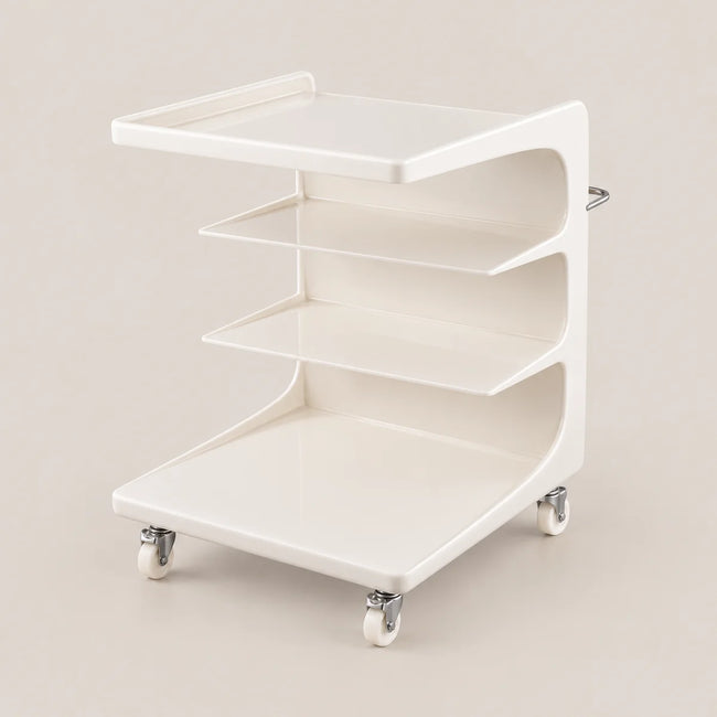 A white three-tier medical or utility cart with a tray on top, three open shelves in the middle, and caster wheels at the bottom, shown against a solid light beige background.