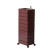 Tall dark red storage unit with wheels on a white background