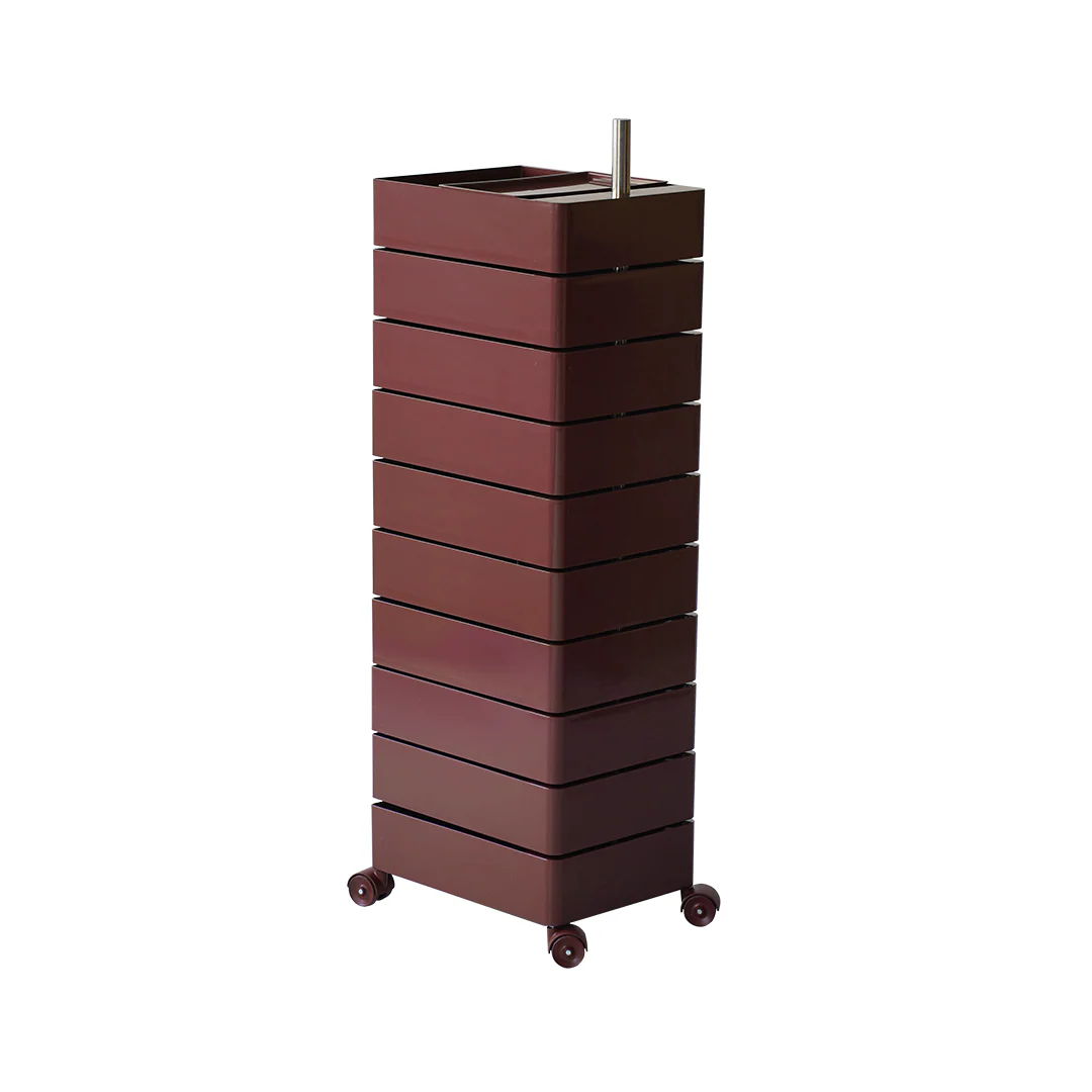 Tall dark red storage unit with wheels on a white background
