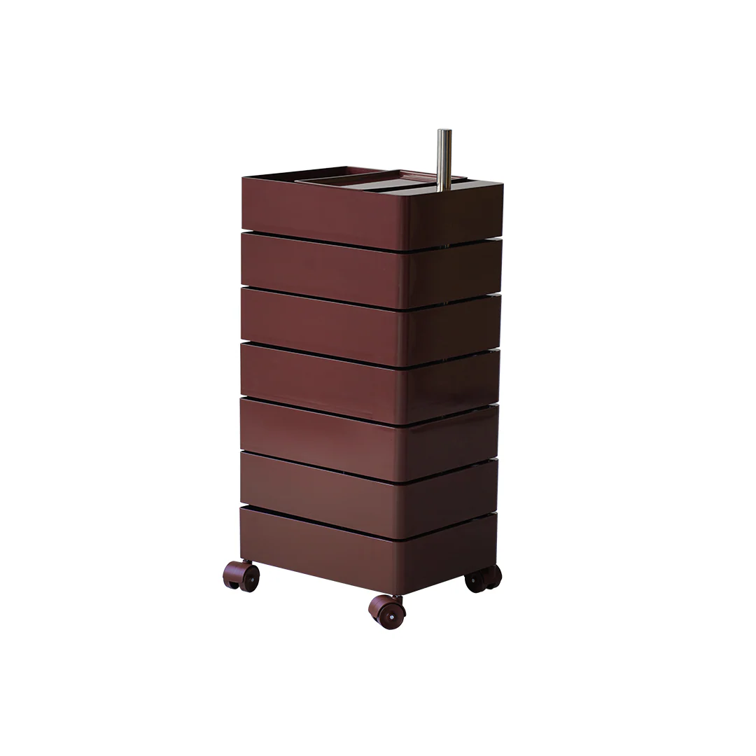 Brown metal cart with multiple drawers on a white background
