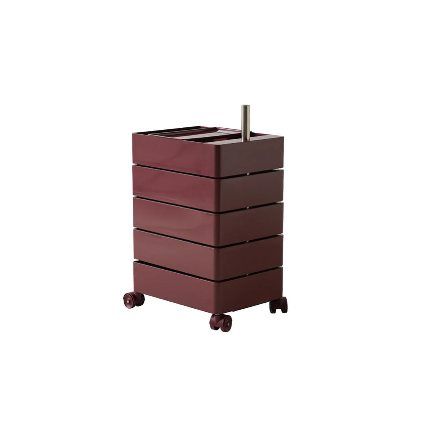 Maroon rolling cart with four drawers on a white background