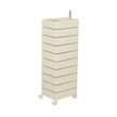 White cylindrical storage tower with multiple drawers on a white background