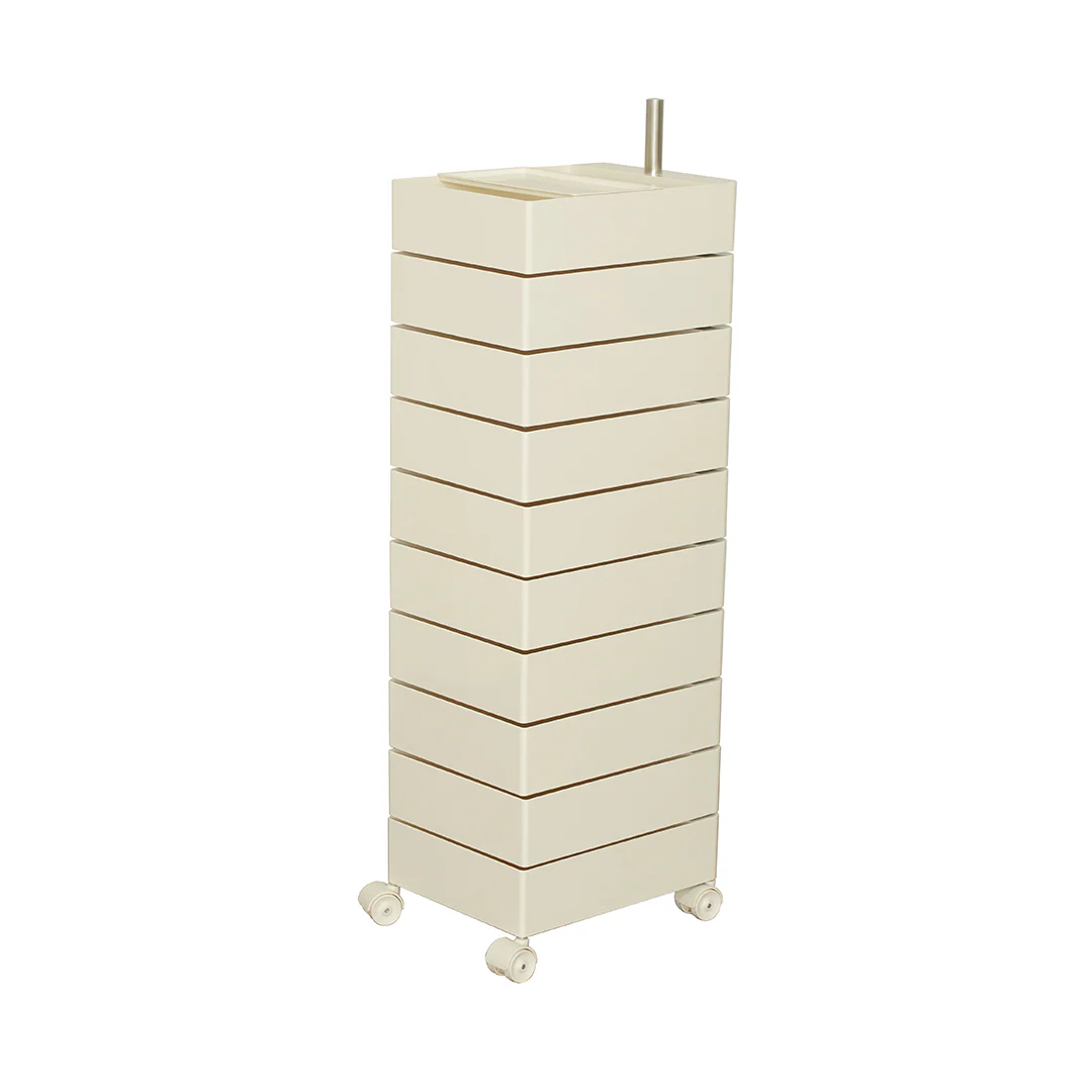 White cylindrical storage tower with multiple drawers on a white background