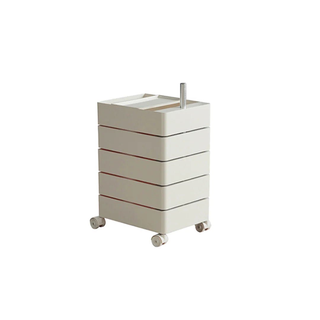 White vanity unit with drawers and a sink on a white background