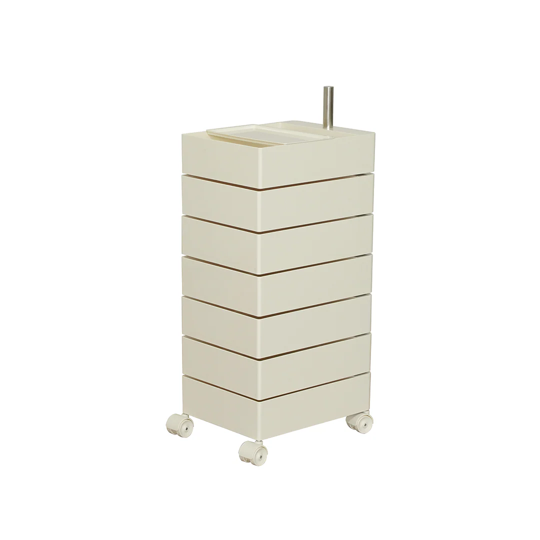 Beige cylindrical storage unit with multiple drawers on a white background