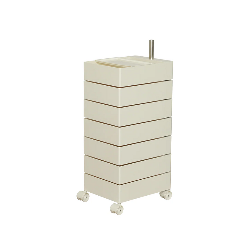 Beige cylindrical storage unit with multiple drawers on a white background