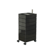 Black cylindrical storage unit with multiple drawers on a white background