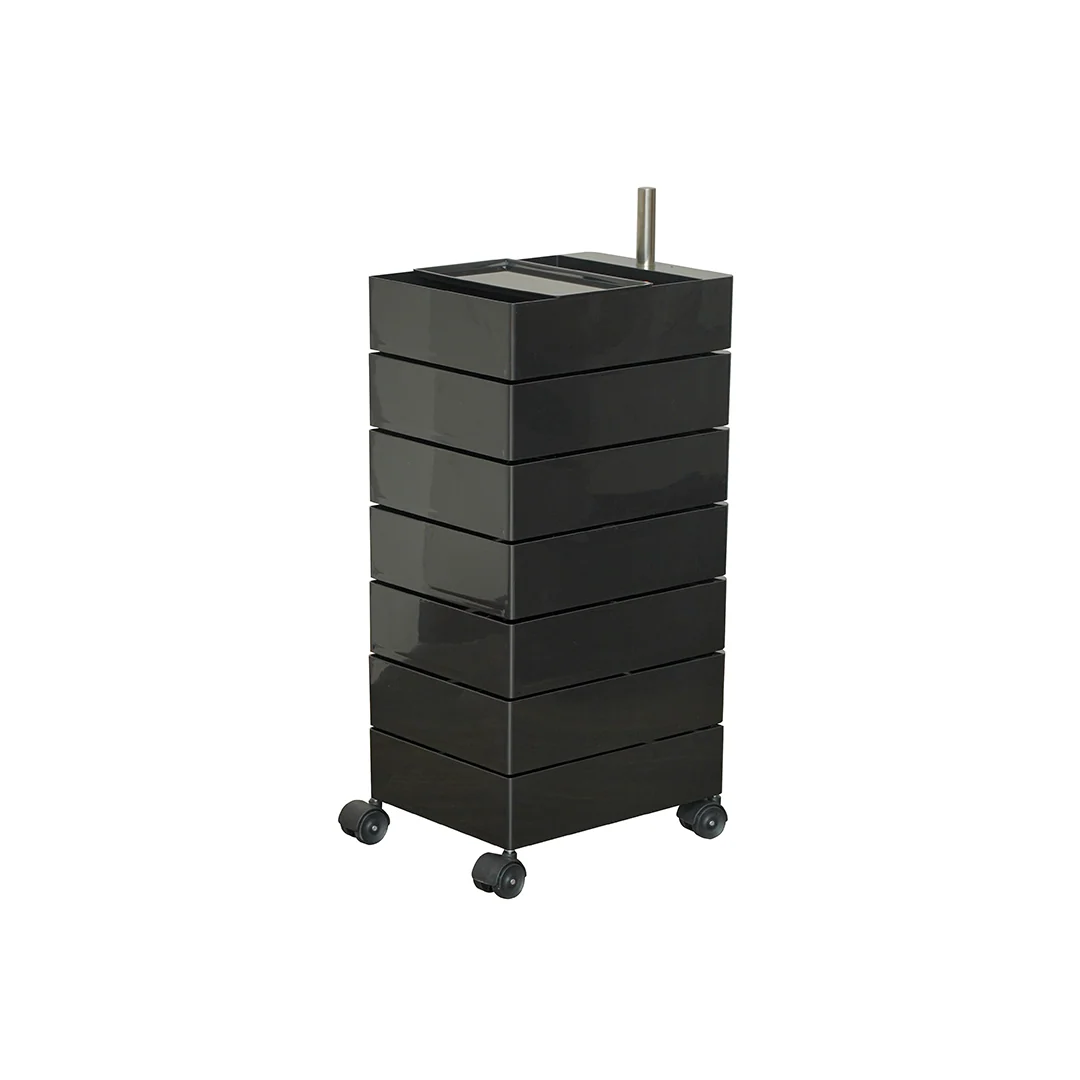 Black cylindrical storage unit with multiple drawers on a white background