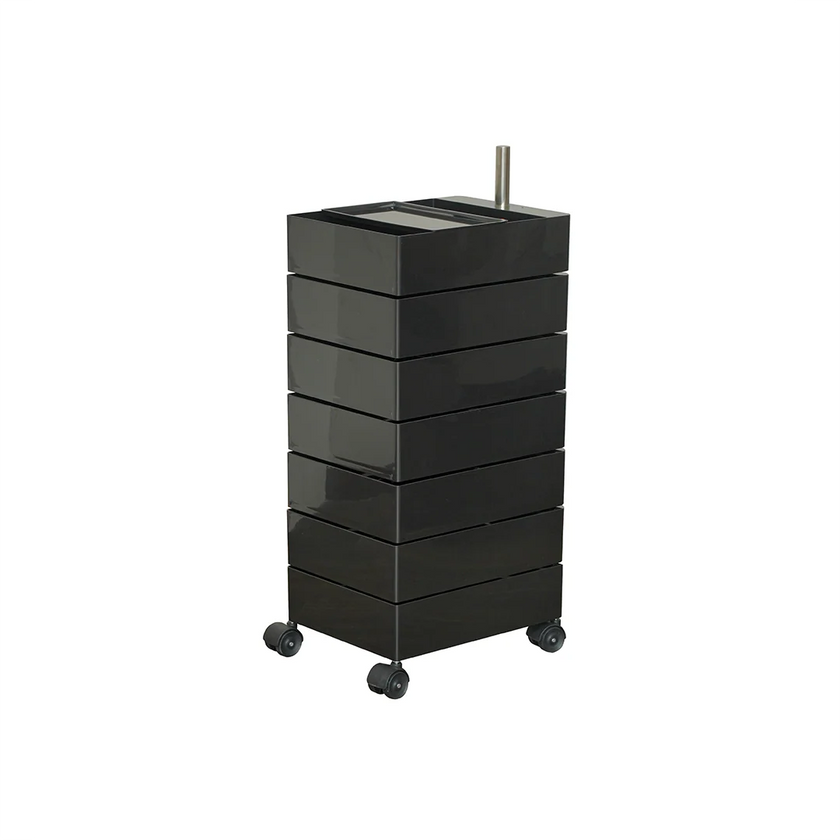 Black cylindrical storage unit with multiple drawers on a white background