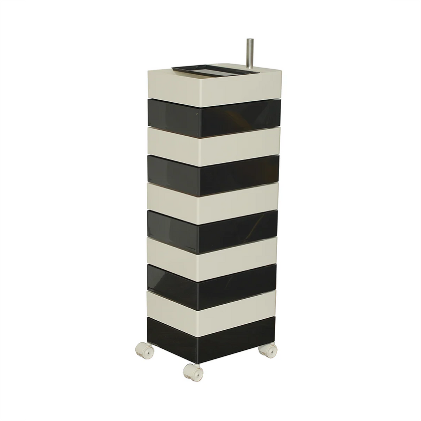 Tall cylindrical rolling cart with black and white striped design on a white background