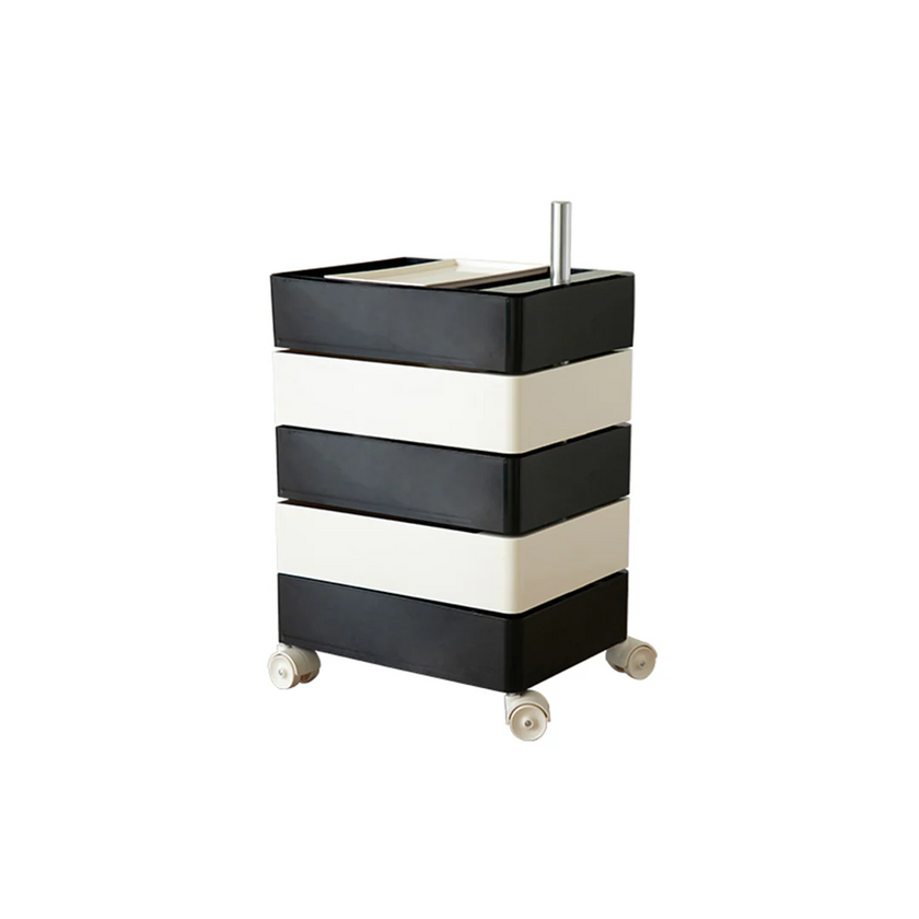 Black and white striped cart with wheels on a white background