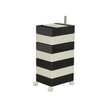 Black and white striped cylindrical cart with wheels on a white background