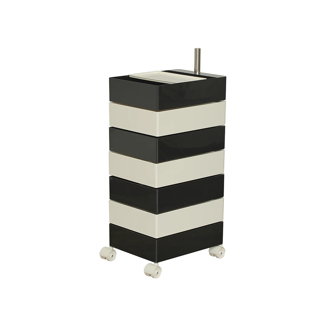 Black and white striped cylindrical cart with wheels on a white background