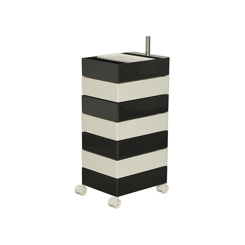 Black and white striped cylindrical cart with wheels on a white background