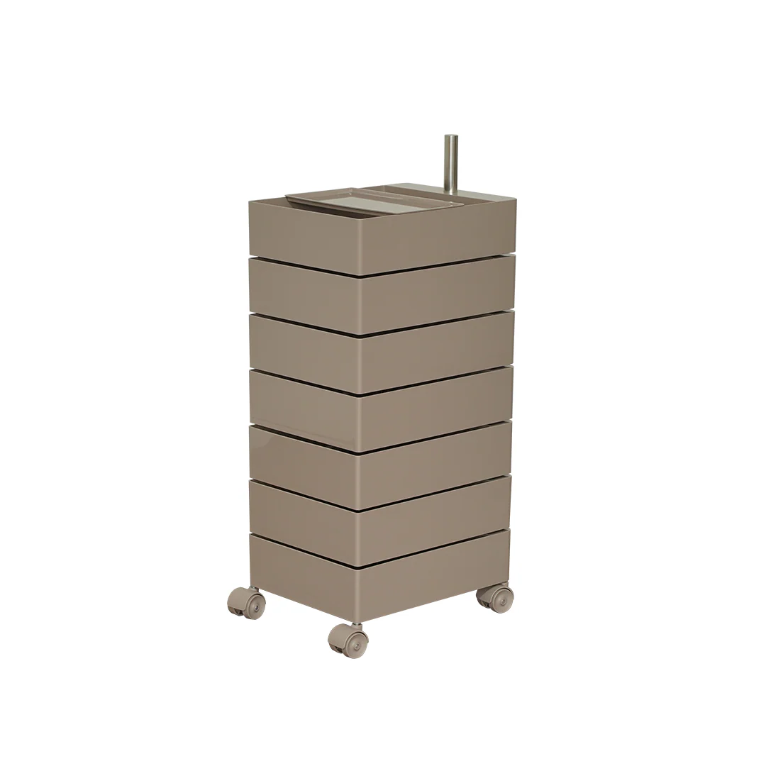 Beige freestanding vanity with sink on a white background