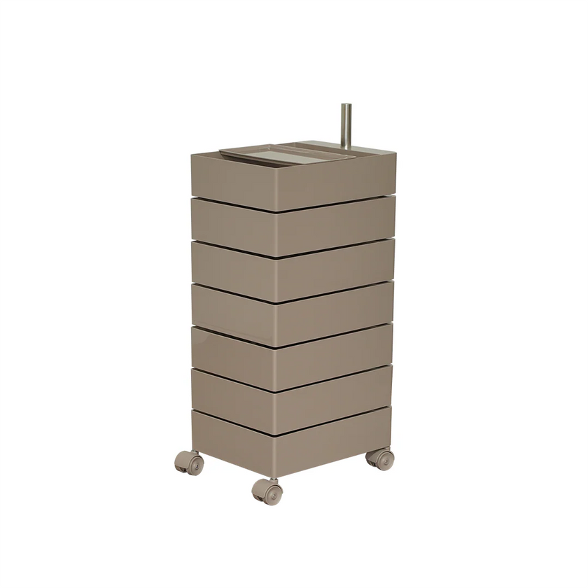 Beige freestanding vanity with sink on a white background