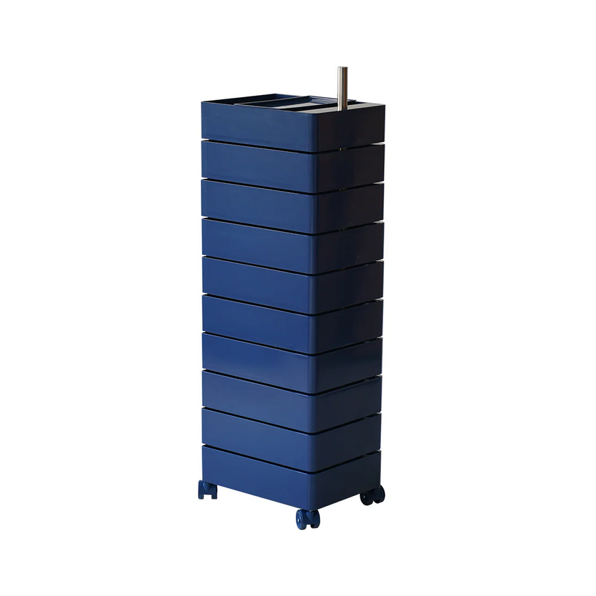 Blue storage tower with multiple drawers on a white background