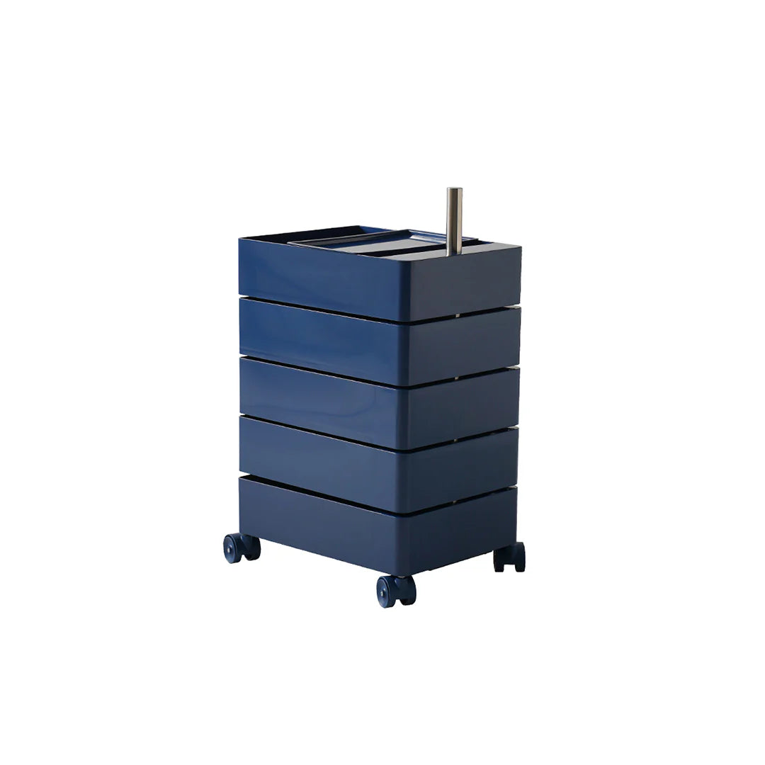Blue rolling cart with four drawers on a white background