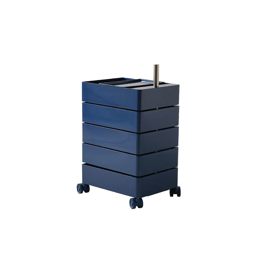 Blue rolling cart with four drawers on a white background