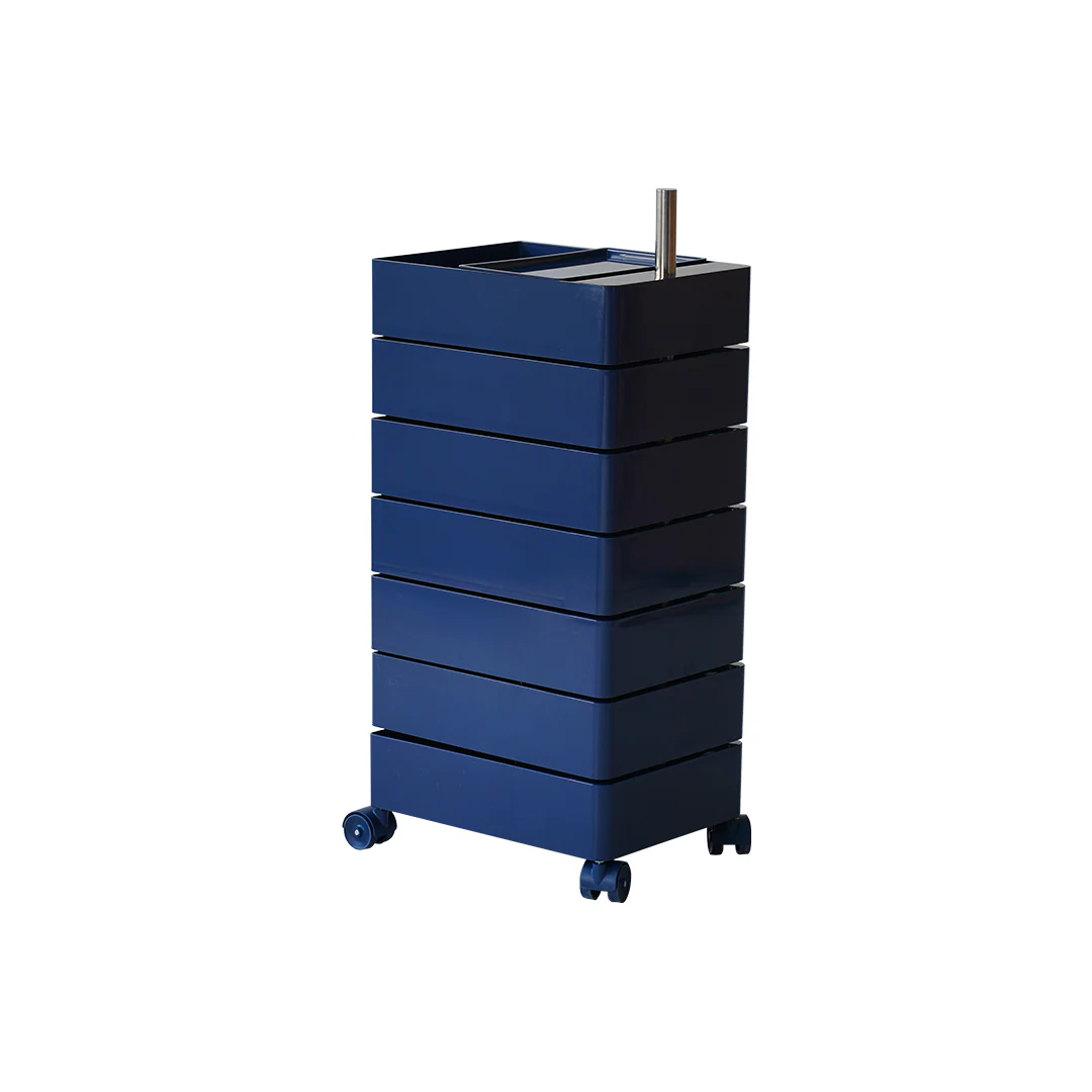 Blue rolling cart with multiple drawers on a white background