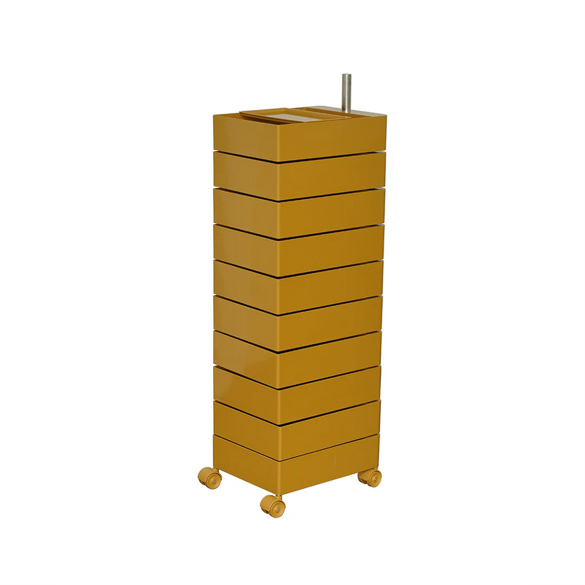 Yellow metal storage unit with wheels on a white background