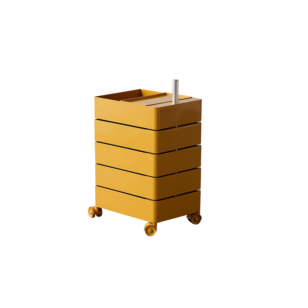 Yellow metal cabinet with wheels on a white background