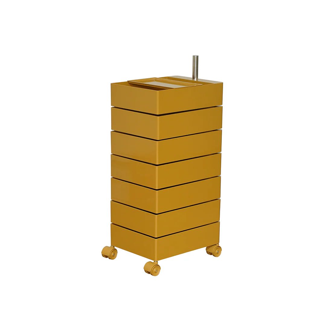 Yellow metal storage unit with multiple drawers on wheels against a white background