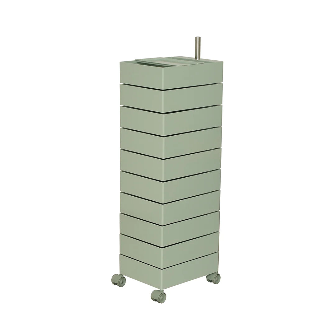Green cylindrical storage unit with multiple drawers on a white background