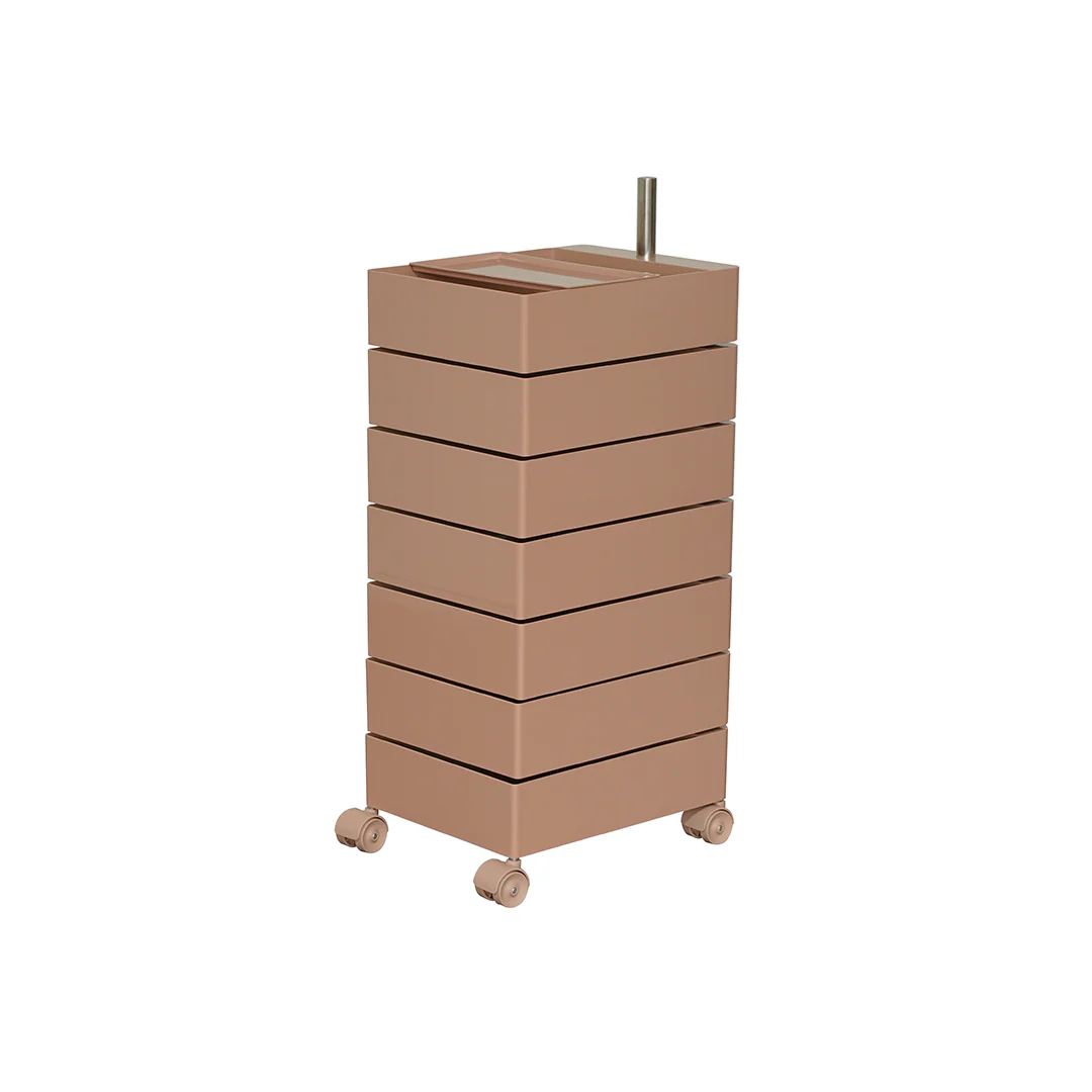 Beige freestanding sink with multiple drawers on a white background