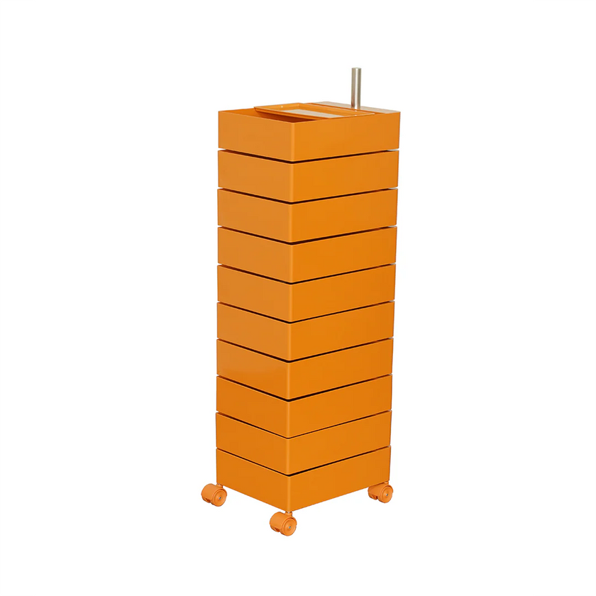 Orange cylindrical plant stand with multiple square compartments on a white background