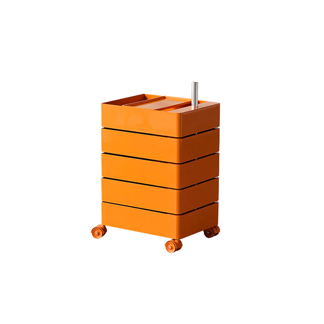 Orange rolling cart with four drawers on a white background