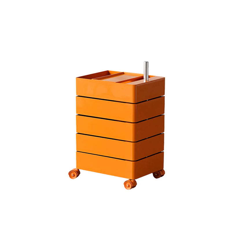 Orange rolling cart with four drawers on a white background
