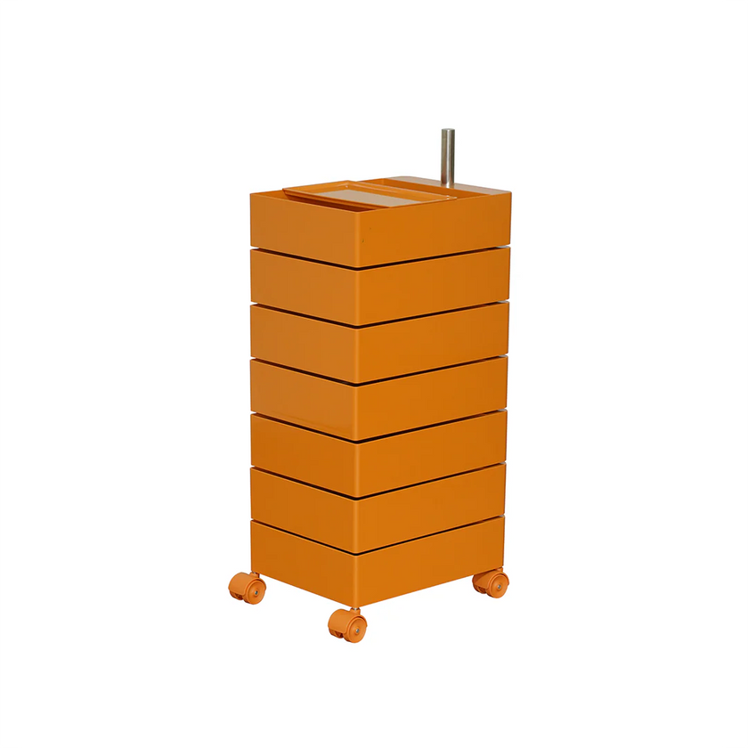 Orange cylindrical storage unit with multiple drawers on a white background