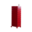 Red cylindrical storage unit with multiple drawers on a white background