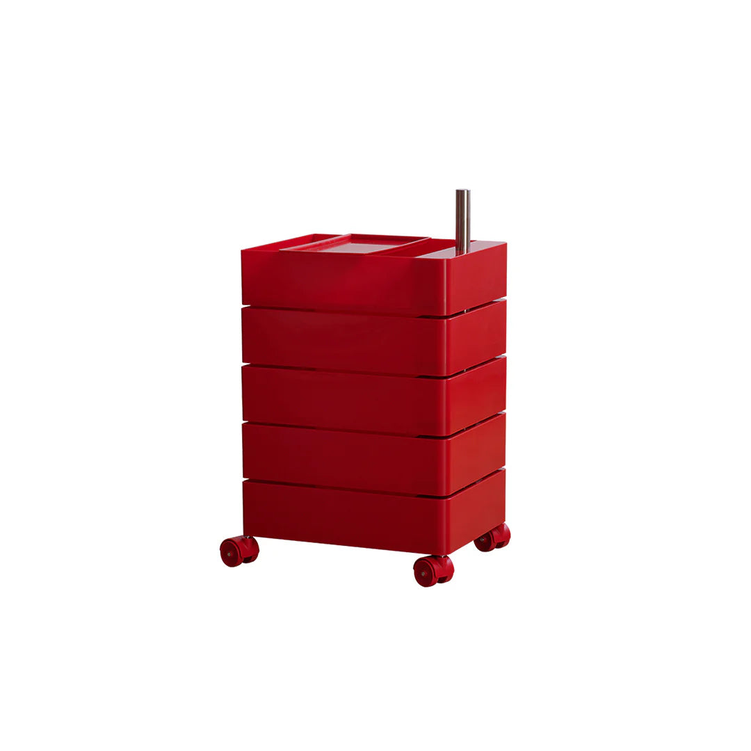 Red storage unit with wheels on a white background