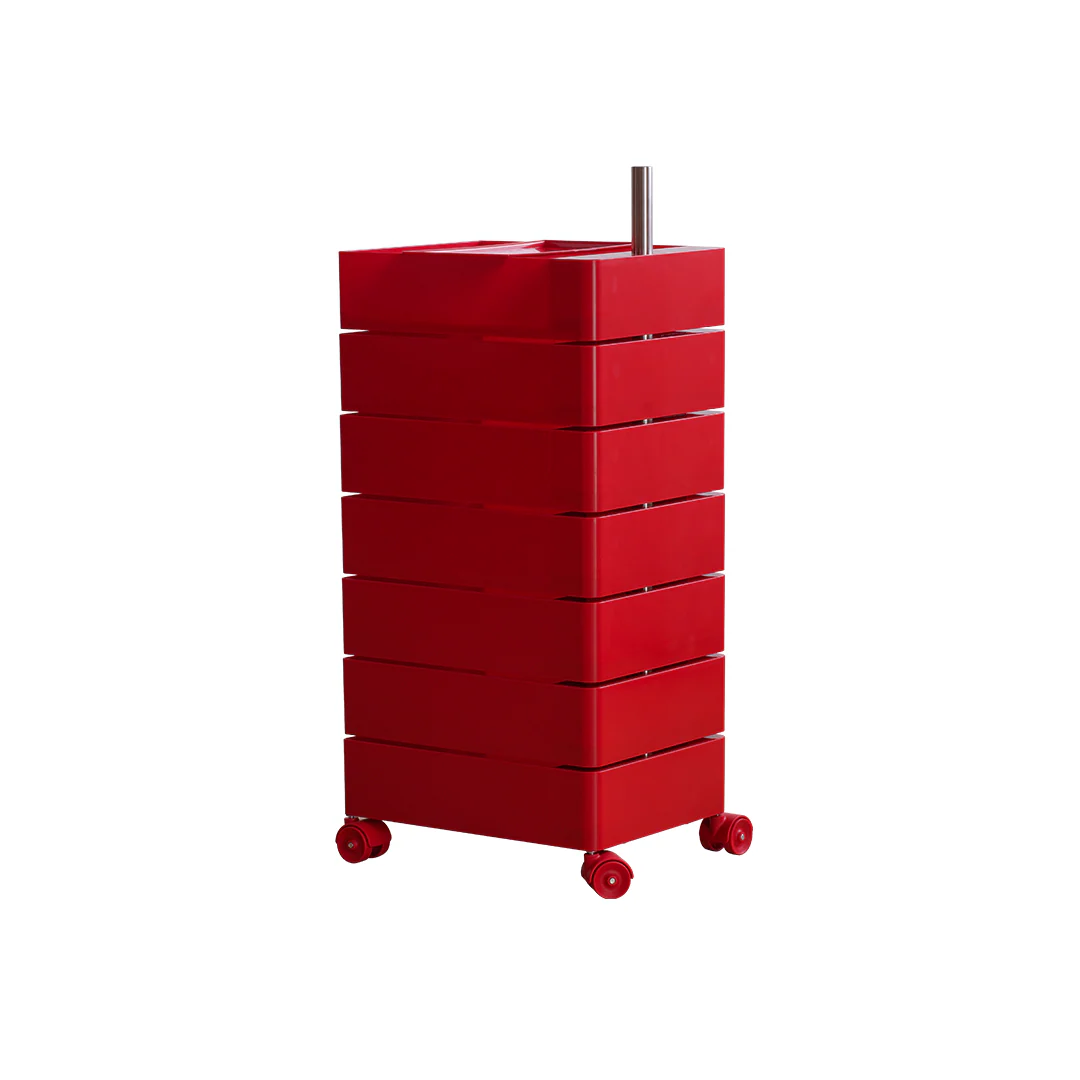Red cylindrical storage unit with multiple drawers on a white background