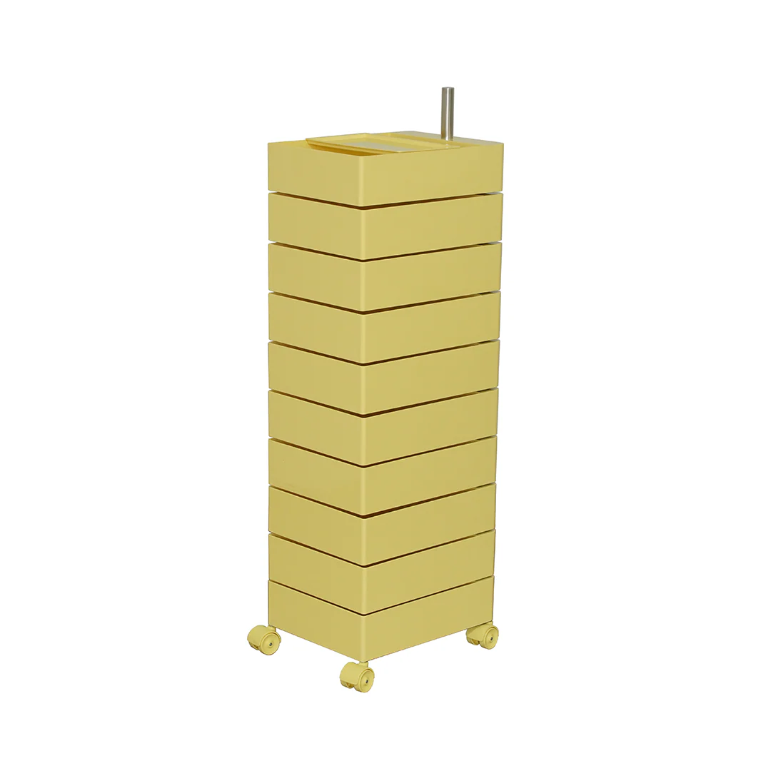 Yellow metal file cabinet with wheels on a white background