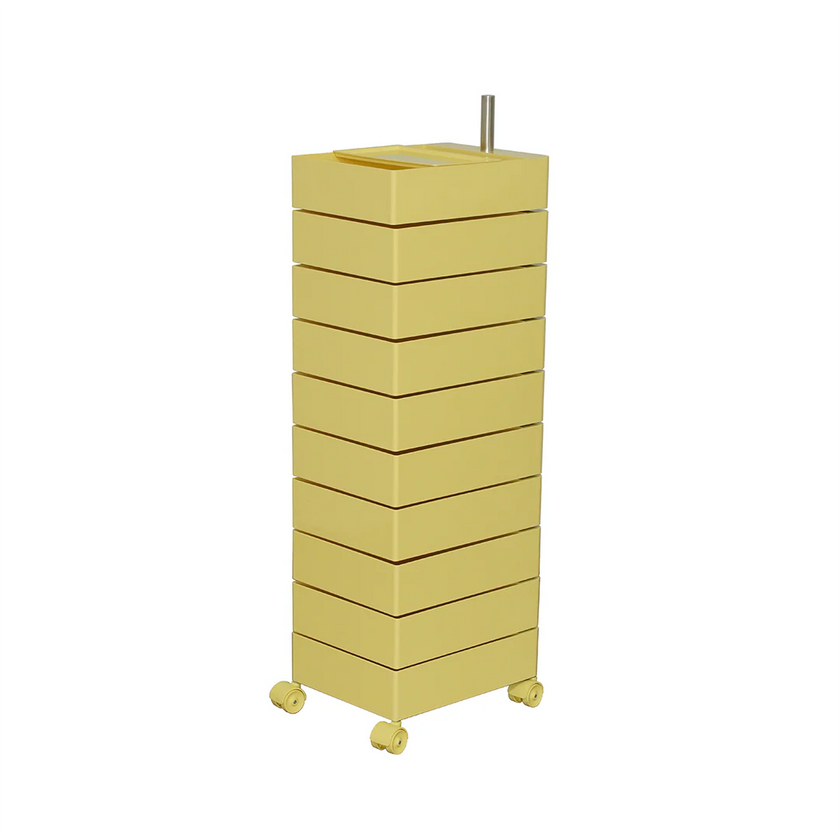 Yellow metal file cabinet with wheels on a white background