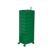 Green metal storage tower with multiple drawers on a white background