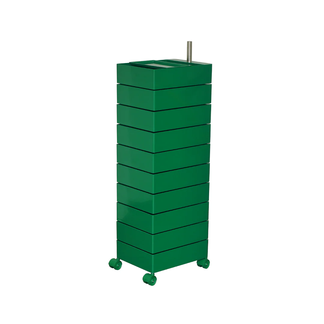 Green metal storage tower with multiple drawers on a white background