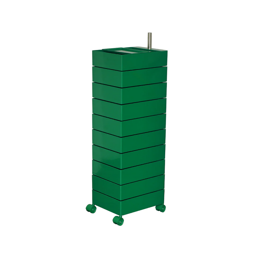 Green metal storage tower with multiple drawers on a white background