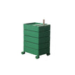 Green plastic storage unit with wheels on a white background