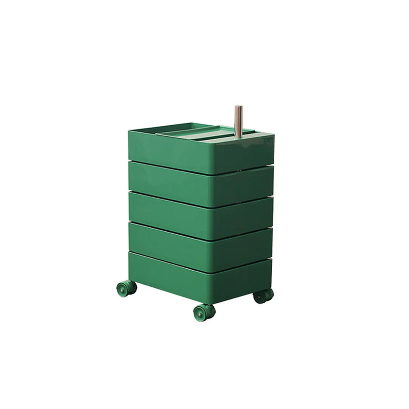 Green plastic storage unit with wheels on a white background