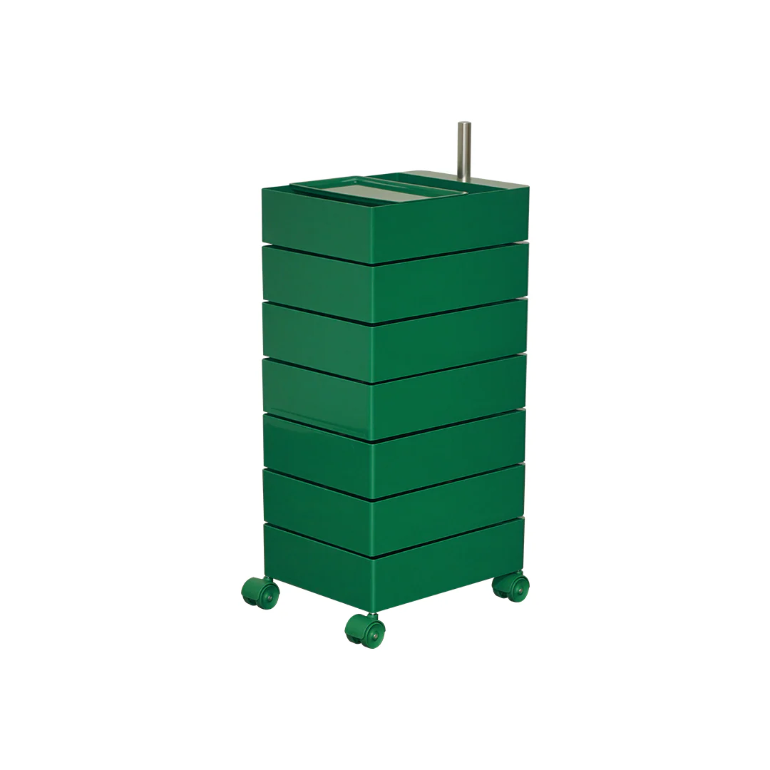Green rolling cart with multiple drawers on a white background