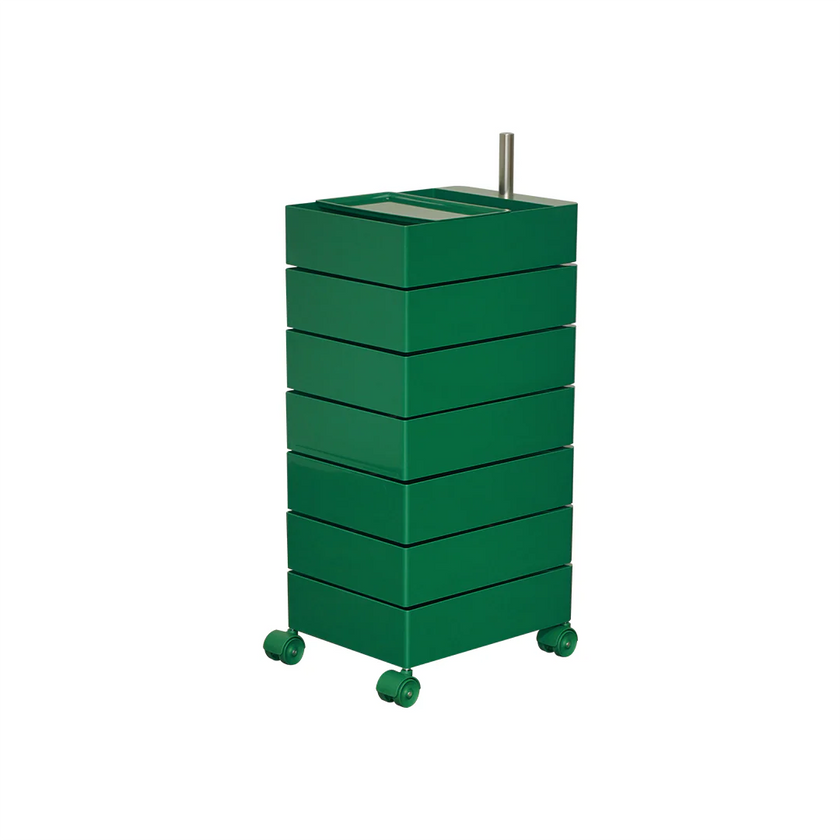 Green rolling cart with multiple drawers on a white background